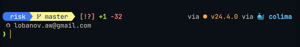 Terminal prompt showing a blue directory block reading risk, a yellow git branch block reading master, git status [!?] and metrics +1 -32, with Node and Docker context right-aligned, and the git email on a second line